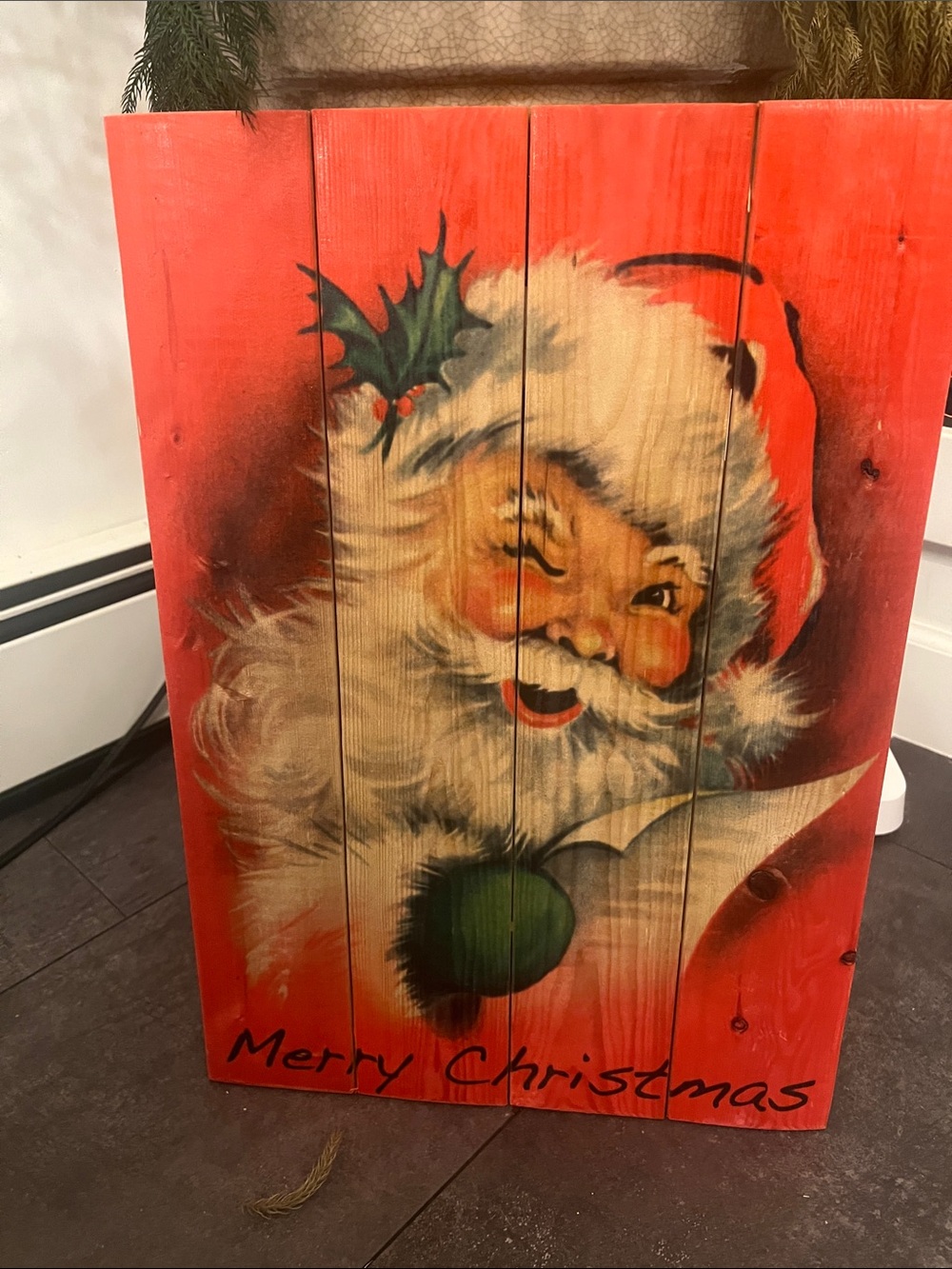 Vintage Style Red Santa 'Merry Christmas' Wooden Wall Art.